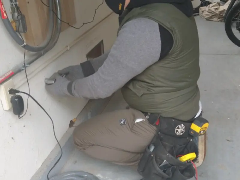 Electrician performing outlet wiring in a La Cienega garage